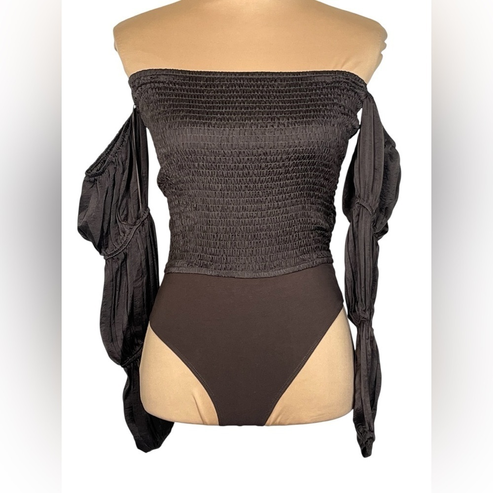 Promesa Chocolate Colored Smocked Off-Shoulder Bodysuit‎ Small NWT